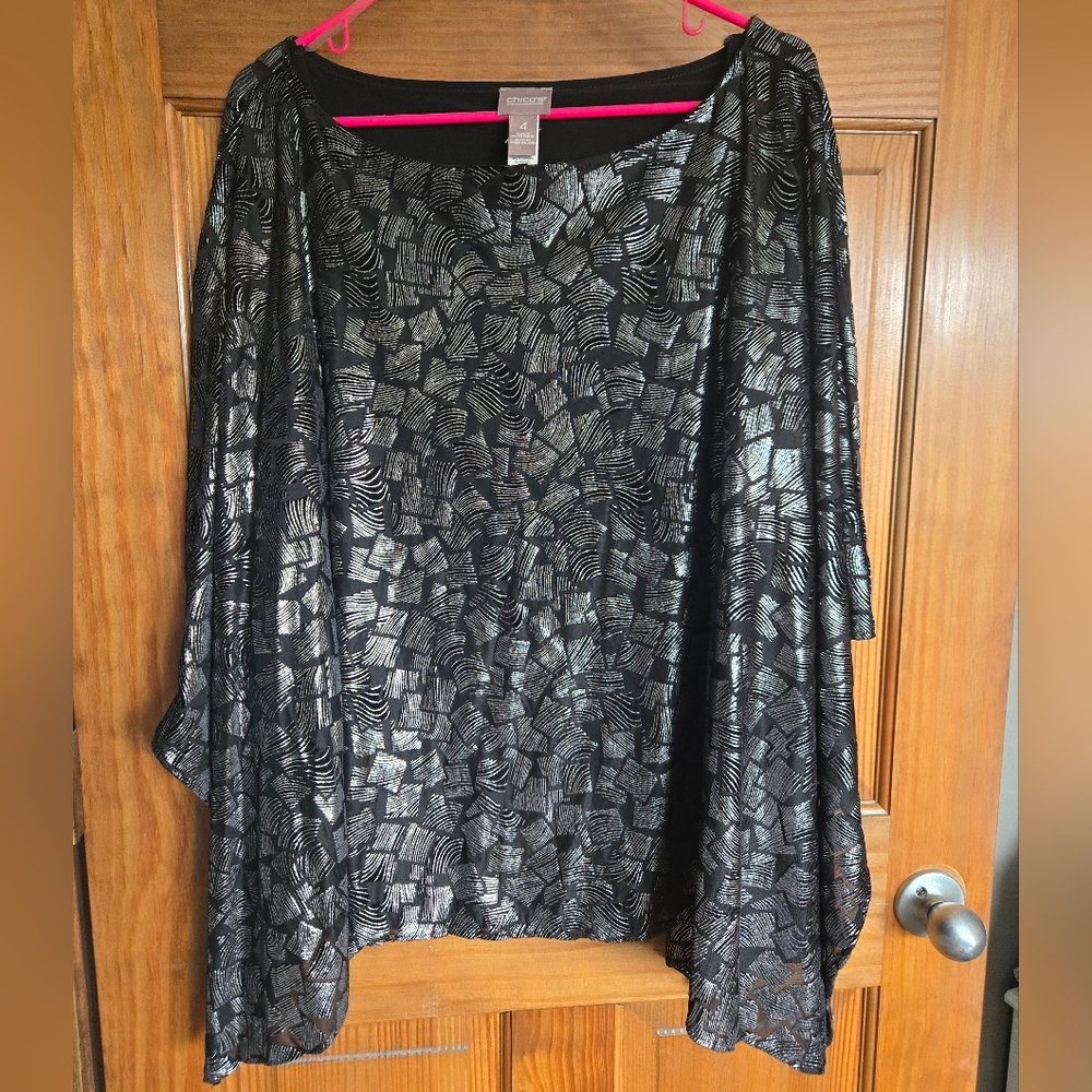 Chico's Black Silver Metallic Patterned Blouse 1X/Chicos Size 4